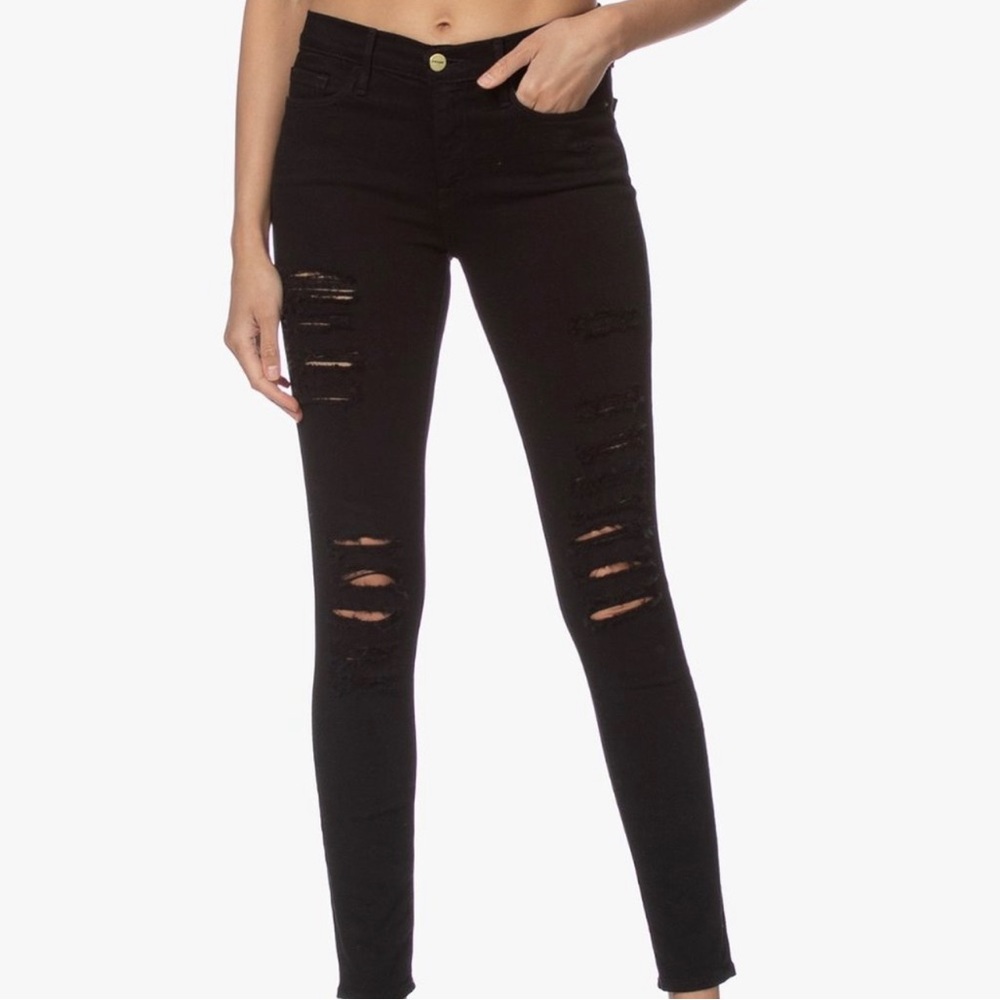 Frame Le Skinny de Jeanne Distressed Jeans Black